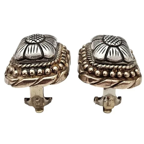 Sterling Silver Stephen Dweck Square Clip On Chunky Braid Flower Earrings C814